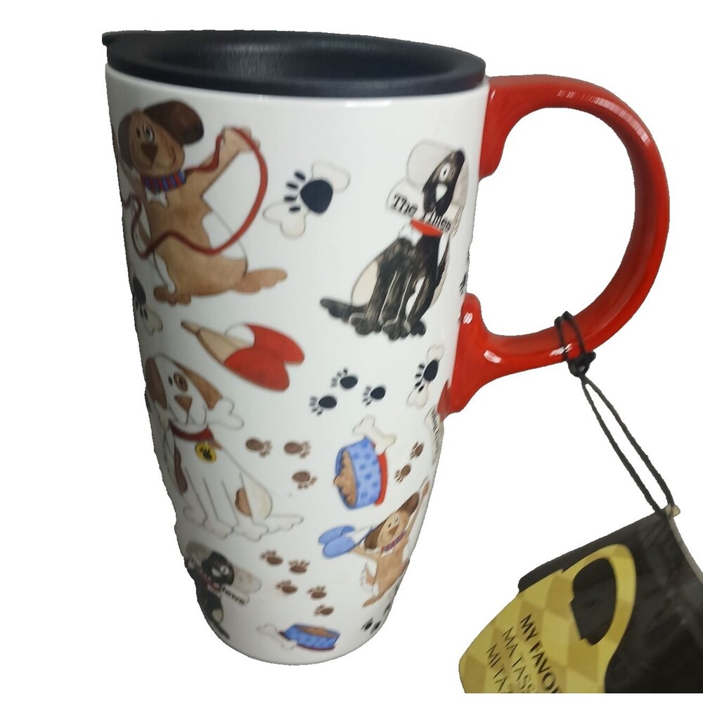 Cypress Latte Cup Lidded Tall Coffee Mug Dogs Puppie Paw Prints Ceramic